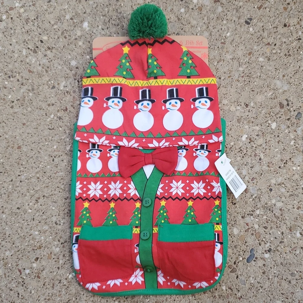Rising Star Baby Christmas Holiday Hat & Bib Set 0-12 months Infant